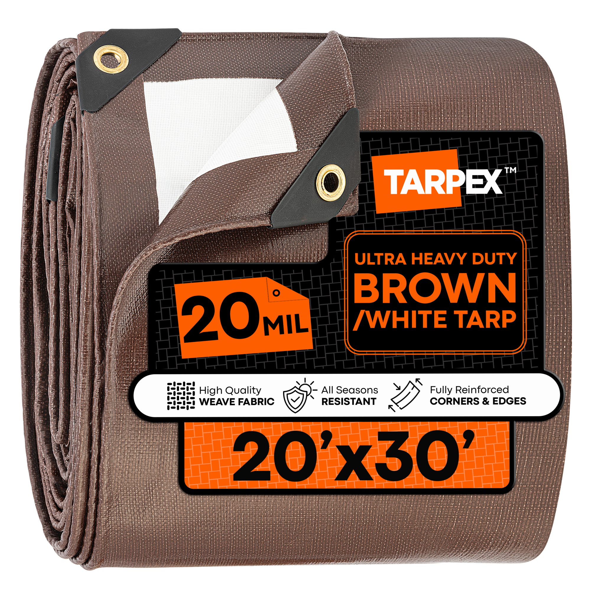 TARPEX 20' x 30' Brown/White Ultra Heavy-Duty 20 Mil Tarp – Waterproof, UV-Treated, Reinforced Edges, Aluminum Grommets